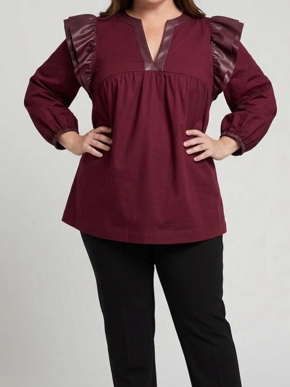 Emily McCarthy Burgundy Ruffle Shoulder V-Neck Top XS